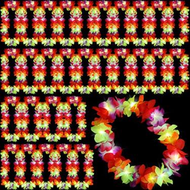 Imagem de Sherr Colar Leis havaiano com luzes de LED Leis havaianas com luzes de LED para festa de carnaval tropical Luau Leis para baile de máscaras (multicolorido)