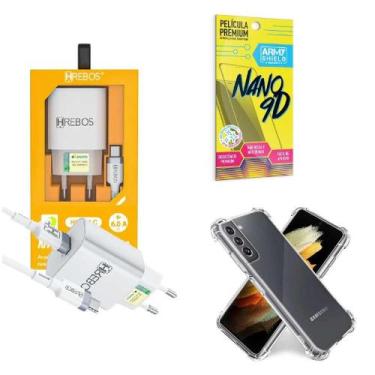 Imagem de Kit Carregador Turbo + Capinha Samsung S21 + Película 9D - Hrebos