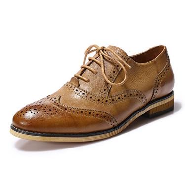 Imagem de Mona flying Sapato feminino de couro perfurado com cadarço Oxfords Brogue Wingtip Derby para mulheres, Marrom 1, 41 BR