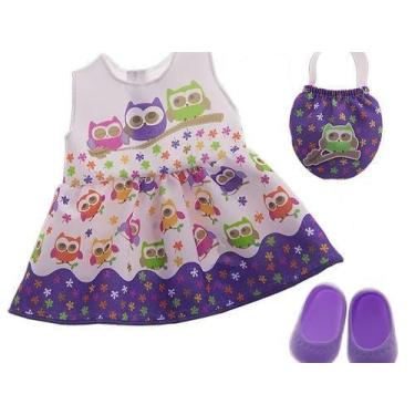 Imagem de Kit Roupa de Boneca Love Baby Vestido Coruja Laço de Fita - Laço de Fi