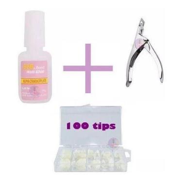 Imagem de Kit Cola Unhas Postiças Alicate 100 Unhas Tips Acrigel Gel - OEM