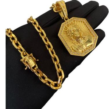 Imagem de Cordão Cadeado 8mm + Pingente Face De Jesus - Banhado a Ouro - ToJoia1