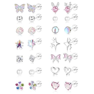 Imagem de BESTEEL Brincos hipoalergênicos para meninas de 8 a 12 anos, brincos de parafuso traseiro para crianças, lindos brincos de aço cirúrgico com costas planas para meninas com orelhas sensíveis, conjunto