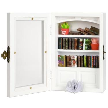Imagem de JULEASEL Estante branca de ansiedade, mini estante Shake Away Your Anxiety, presente para amantes de livros, caixa decorativa com 24 mini livros e 2 mini suculentas, mini livros para decoração de sala
