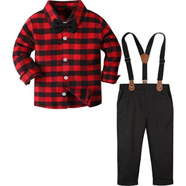Imagem de A&J DESIGN Terno infantil para meninos, crianças, tartan, suspensórios de natal, vestido de flanela de cavalheiro, roupas 3-4t, xadrez vermelho