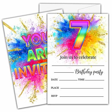 Imagem de Ycyfckdr Convites de aniversário de 7 anos para crianças, cartões de convite de festa de aniversário de pintura de arco-íris, decoração de artigos de celebração de festa em folha dourada - 20 convites