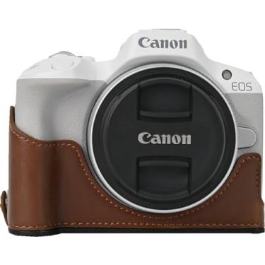 Imagem de Capa R50, capa BMAOLLONGB feita à mão de couro PU meia câmera versão abertura inferior para Canon Eos R50 com alça de mão (café)