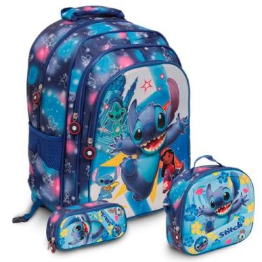 Imagem de Kit Mochila Escolar Costas Stitch Resistente Tam G Passeio - Plike