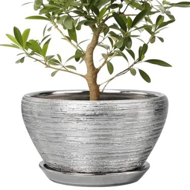 Imagem de Ceramicfor Vaso de flores para plantas de interior - Vaso de cerâmica de 33 cm com orifício de drenagem e pires, vaso decorativo grande para ambientes externos de meados do século para decoração de