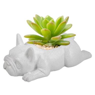 Imagem de OULIGET Escultura de resina para cães, mini buldogue francês, vasos de jardim, com orifício de drenagem, lindos vasos de flores de bonsai para ambientes internos, escritório, varanda e área externa