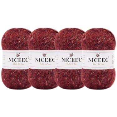 Imagem de NICEEC 4 novelos de fio de ar fofo para crochê, macio e colorido, mistura de lã e acrílico, fio penteado leve 3 DK para tricô, fio de lã de tweed de qualidade (total de 199 g/600 jardas) - morango