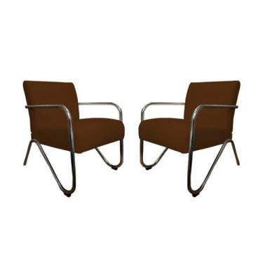 Imagem de Kit 2 Poltronas Decorativa Bela Couro Marrom Braço Cromado Mz Decor - 