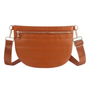 Imagem de Bolsa acolchoada de couro acolchoado para mulheres, bolsas transversais, puffy, alça de cinto, pochete de cintura de bumbum, bolsa de ombro para mulheres, Marrom, 12" x 8"