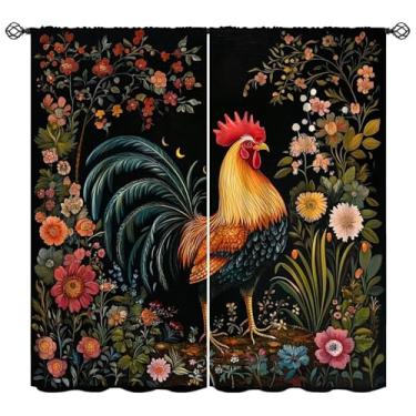 Imagem de Cortinas de fazenda rústicas galo fazenda fazenda campo frango estampa floral tratamento de janela para cozinha café sala de jantar decoração cortinas de janela 107 cm L x 114 cm C