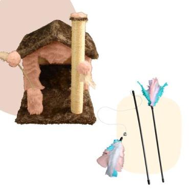 Imagem de Kit Arranhador Sisal Casa sem Rede para Gato e Brinquedo 2 Varinhas co