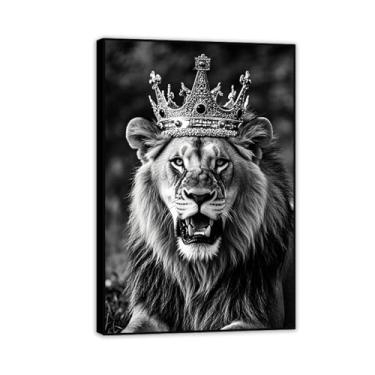 Imagem de Arte de parede com imagem de leão coroa decoração de parede pôster preto e branco impressão de arte moderna em tela emoldurada para sala de estar quarto 30 x 20 cm (12 x 8 pol) moldura preta