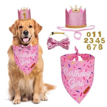 Imagem de PTDECOR Artigos de festa de aniversário para cães, bandana de aniversário de vários tamanhos, conjunto de chapéu de coroas rosa para animais de estimação grandes GG (GG)