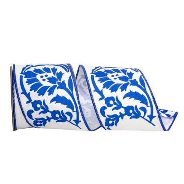 Imagem de Reliant Ribbon Mantra Floral Chinoiserie Deluxe fita de borda com fio, azul-royal/branco