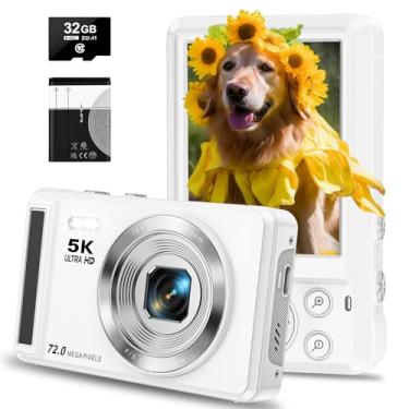Imagem de Câmera digital 5K - Câmeras digitais de 72 MP com zoom de 16X para presentes infantis - Câmera digital de foco automático para fotografia - Câmera portátil compacta com tela UHD de 7,8 cm com cartão
