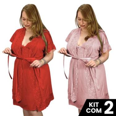 Imagem de Kit 2 Robes e 2 Camisolas Sexy Plus Sedutora Tamanho Grande Confortáve