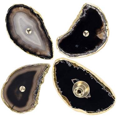 Imagem de rockcloud Puxadores de fatia de ágata preta para armário de gaveta, puxador para cômoda armário fatia tingida com botões de borda banhados a ouro para móveis decorativos de casa, pacote com 4