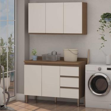 Imagem de Conjunto para Área de Serviço com Balcão 2 Portas e 3 Gavetas e Armário Aéreo 3 Portas Low Dry