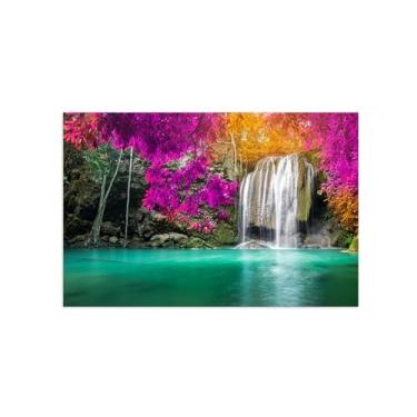 Imagem de DEEBOW Quadro em tela paisagem. Lago cascata árvore rosa. Natureza imagem impressão em tela. Quadros paisagens naturais. Tinta murais decoração de sala 80 x 120 cm - 31 x 47 in sem moldura