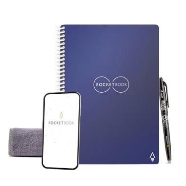 Imagem de Caderno inteligente reutilizável Rocketbook – Caderno ecológico forrado com 1 caneta Pilot Frixion e 1 pano de microfibra incluído – Capa azul meia-noite, tamanho executivo (15 x 20 cm)