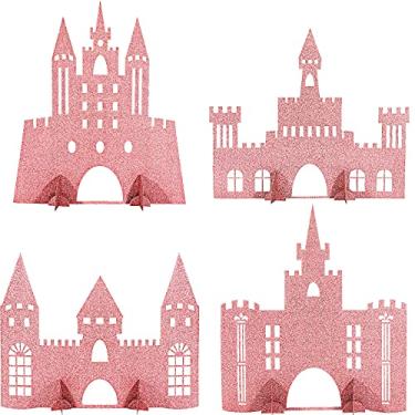 Imagem de 4 peças de centro de mesa castelo com glitter, tema princesa, castelo para decoração de festa de aniversário, chá de bebê, princesa, decoração de mesa (rosa)
