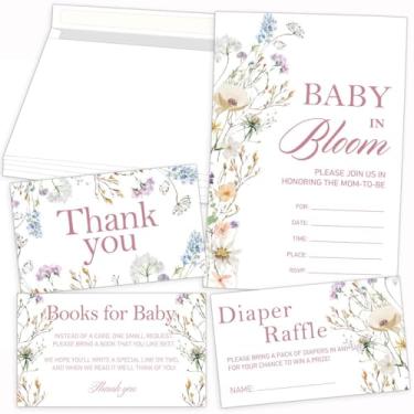 Imagem de Convites de chá de bebê com flores, bilhetes de sorteio de fraldas incluídos e cartões de convite com envelope, cartões de solicitação de livros, cartão de agradecimento 20 peças cada, decorações de