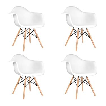 Imagem de Kit 4 Poltronas Eames De Madeira Com Braço Daw Com Assento Branco