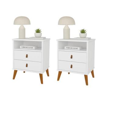 Imagem de Kit 02 Mesa de Cabeceira Roma 02 Gavetas e 01 Nicho e Puxador em Couro