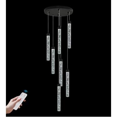 Imagem de YwueChwu Lustre De Cristal Com 7 Luzes Para Teto Alto, Luminária Pendente Preta, Espiral Moderna, Gota Chuva, Regulável, Conjunto Bolhas Led, Suspensa Hall Entrada, Sala Estar, Controle Remoto