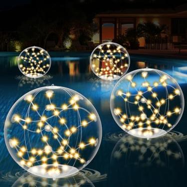 Imagem de LuckSky Pacote Com 4 Luzes Solares Para Piscina Externa, Bolas Flutuantes De Led 14,5" Controle Remoto, Brilho Quente 3000K, Regulável E Acendimento Automático Ao Anoitecer, À Prova D'Água Ip68, 3 M