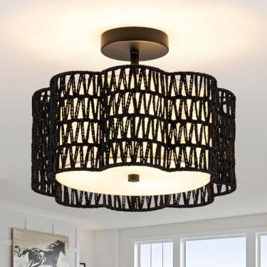 Imagem de Tbaoinla Luminária De Teto Estilo Boho Preto, Lustre Vime Trançado À Mão Com Design Flor Ameixa Meia-Noite - Montagem Embutida Para Quarto, Sala Jantar E Decoração Casa Fazenda Moderna