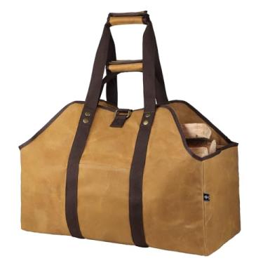 Imagem de BONTHEE Suporte Para Lenha, Extra Grande Toras Em Lona Encerada, Ambientes Internos, De Madeira Com Alças, Almofada Alívio Peso, Fácil Transportar - Amarelo Terra