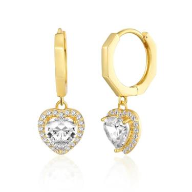 Imagem de MDFUN Brincos de argola com pingente de auréola banhado a ouro branco 18 quilates, redondo, princesa, coração, corte em gota, zircônia cúbica transparente para mulheres, Ouro amarelo, Zircônia cúbica