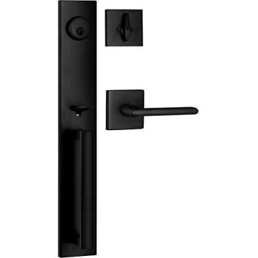 Imagem de Berlim Modisch Conjunto de maçaneta com alça de proteção completa para porta frontal e fechadura de fechadura, conjunto de fechadura e fechadura de cilindro simples quadrado fino e alavanca resistente, Iron Black