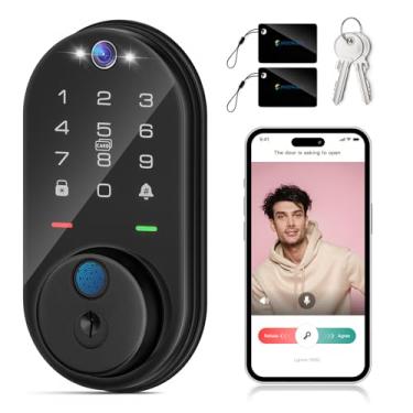 Imagem de Jacchozhi Fechadura inteligente de impressão digital com câmera, fechadura de porta de entrada sem chave para porta da frente, fechadura inteligente de vídeo com campainha, Wi-Fi integrado de 2,4 GHz
