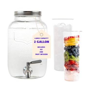 Imagem de Dispensador de bebidas de vidro de 7,5 litros com infusores de gelo e frutas, Spigot de aço inoxidável e tampa de metal, jarro maçom de boca larga para copo dispensador, para chá gelado, cafeteira Kombucha e mais