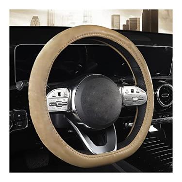 Imagem de Capa de couro para volante de carro com costura "faça você mesmo", protetor de volante de costura DIY, couro de microfibra antiderrapante respirável, universal para volante automático de 14,5 a 15 polegadas (bege)