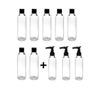 Imagem de Kit 10 Frascos Viagem Shampoo Creme Sabonete 7 Fliptop + 3 Válvula Pum