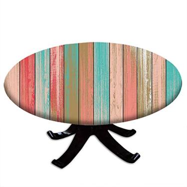 Imagem de Toalha de mesa redonda de madeira, estampa de textura de prancha de madeira, borda elástica, impermeável e limpável, adequada para casamento/banquete/restaurante/festa, adequada para mesa de 122 cm