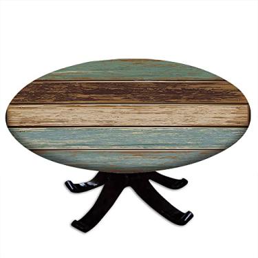 Imagem de Toalha de mesa redonda de prancha de madeira, estampa de textura de prancha de madeira, borda elástica, impermeável e limpável, para mesas de jantar, festas de buffet e acampamento, adequada para mesa