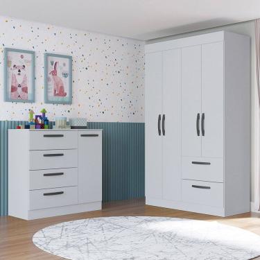 Imagem de Quarto Infantil Guarda Roupa 4 Portas 2 Gavetas e Cômoda 4 Gavetas 1 Porta Loly Poquema