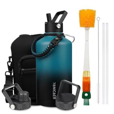 Imagem de YONICOER Garrafa de água isolada de 2,5 g, aço inoxidável a vácuo de parede tripla (lavável na lava-louças), à prova de vazamento e não BPA, jarro de garrafa com alça de paracord e tampas de bico de