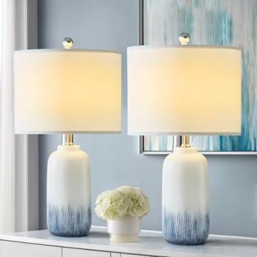 Imagem de HIGHTRY Conjunto De 2 Abajures De Mesa De Cerâmica Azul De 24", Abajur Moderno De Cabeceira Azul-Costeiro Para Sala De Estar, Abajures De Mesa De Canto Reguláveis De 3 Vias Para Quarto E Escritório