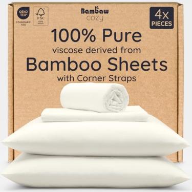 Imagem de Bambaw Conjunto de lençóis 100% viscose derivados de bambu California King Size – Conjunto de cama super macio, lençol de cama refrescante, conjunto de lençóis de cama de luxo de hotel, bolsos