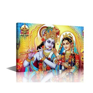 Imagem de Arte de parede em tela de deus hindu para sala de estar Lord Radha Krishna arte de parede grande arte moderna contemporânea decoração de casa Índia flauta religiosa impressão em tela pronta para
