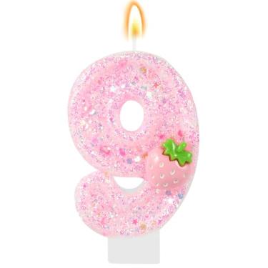 Imagem de IDIJOLI Vela rosa número 9 velas de morango aniversário topo de bolo decoração de cupcake para meninas e mulheres decoração de festa de morango aniversário comemorações suprimentos lembrancinhas
